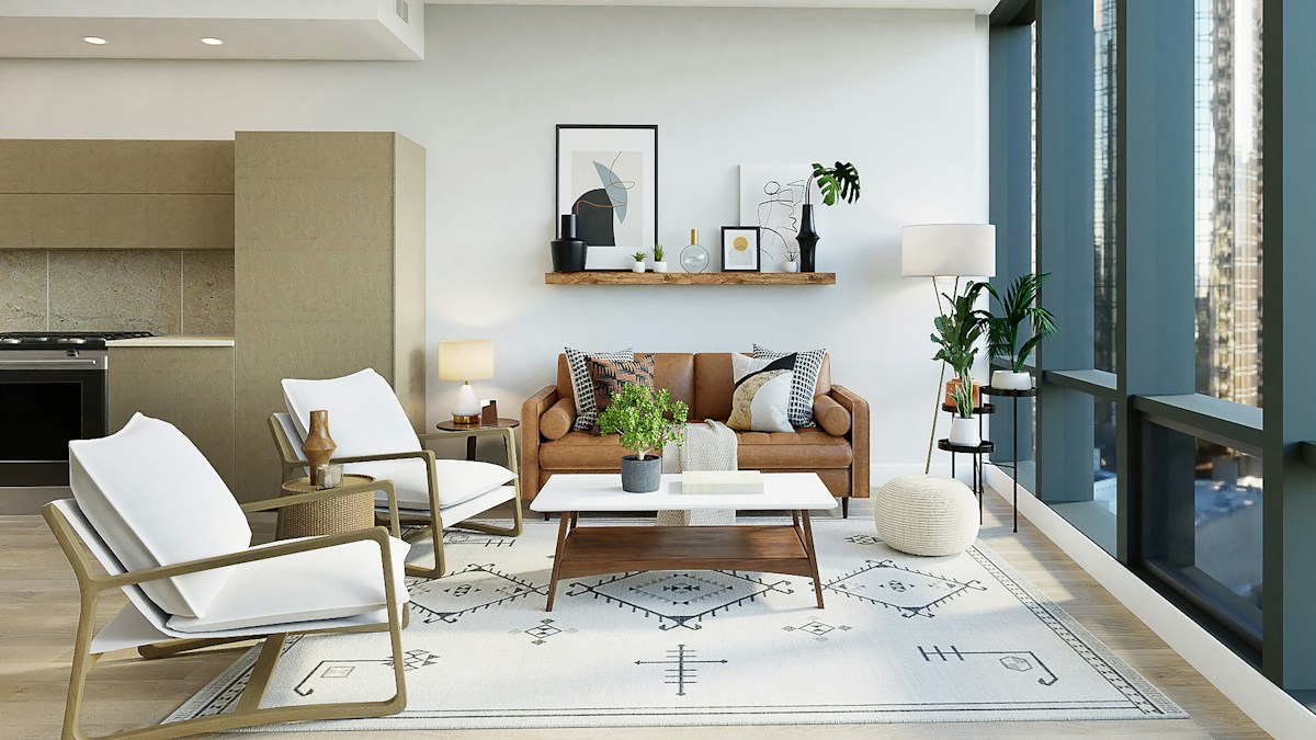 Warm interior with finished designer wallpaper