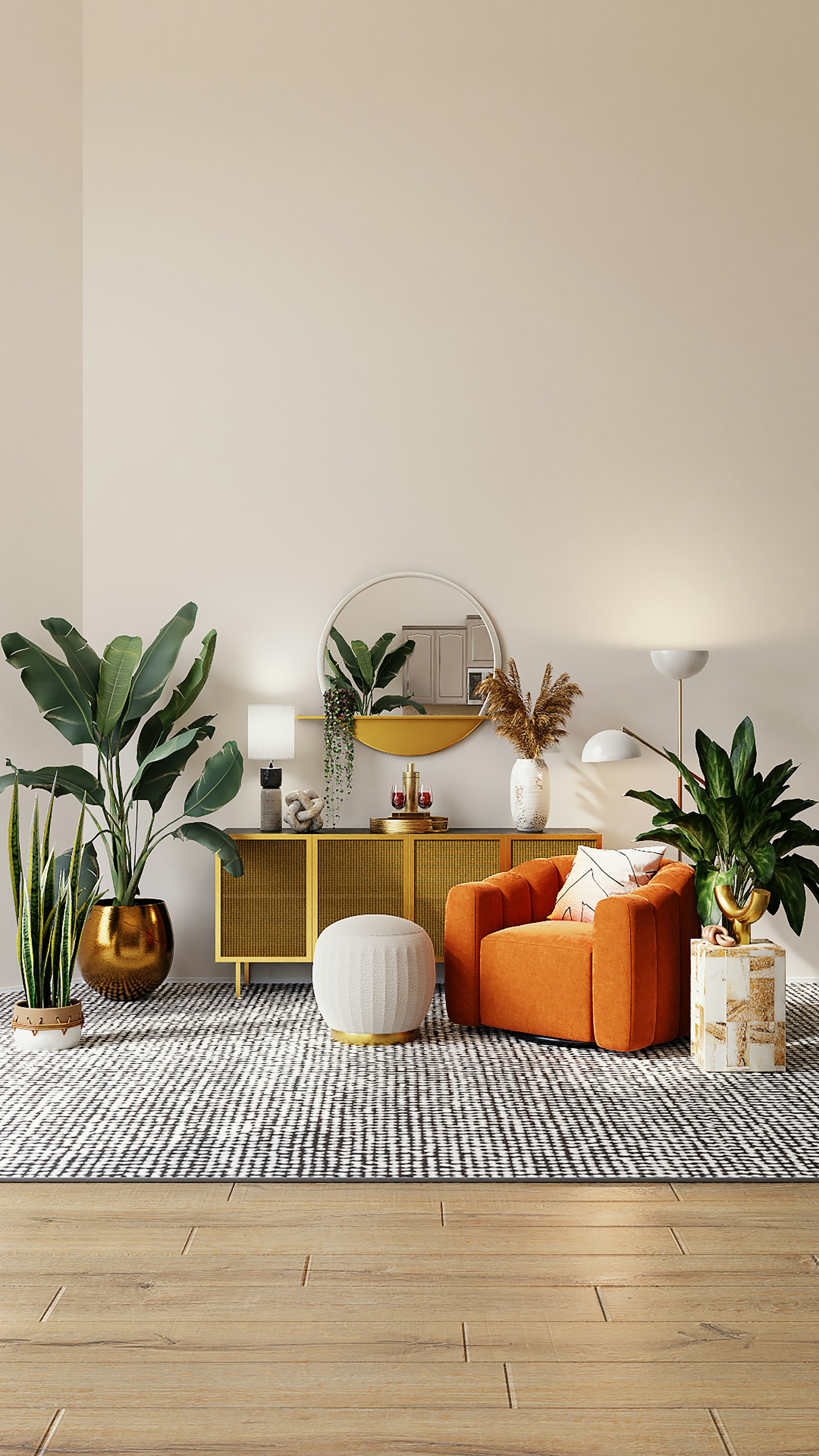 Bright coastal contemporary interior with professionally installed wallpaper